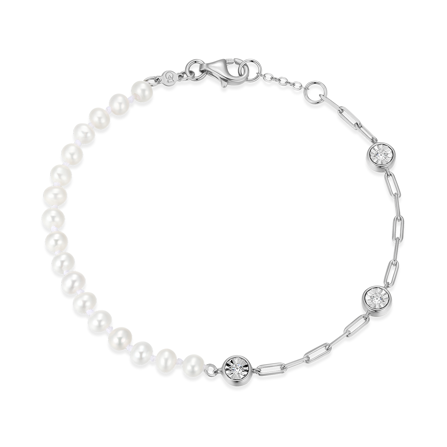 Freshwater Baby Pearl & Lab-Created Diamond Station Paperclip Bracelet in Rhodium-Plated Sterling Silver | M by Monte Luna