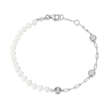 Freshwater Baby Pearl & Lab-Created Diamond Station Paperclip Bracelet in Rhodium-Plated Sterling Silver | M by Monte Luna