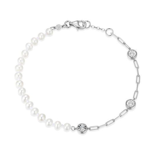 Freshwater Baby Pearl & Lab-Created Diamond Station Paperclip Bracelet in Rhodium-Plated Sterling Silver | M by Monte Luna