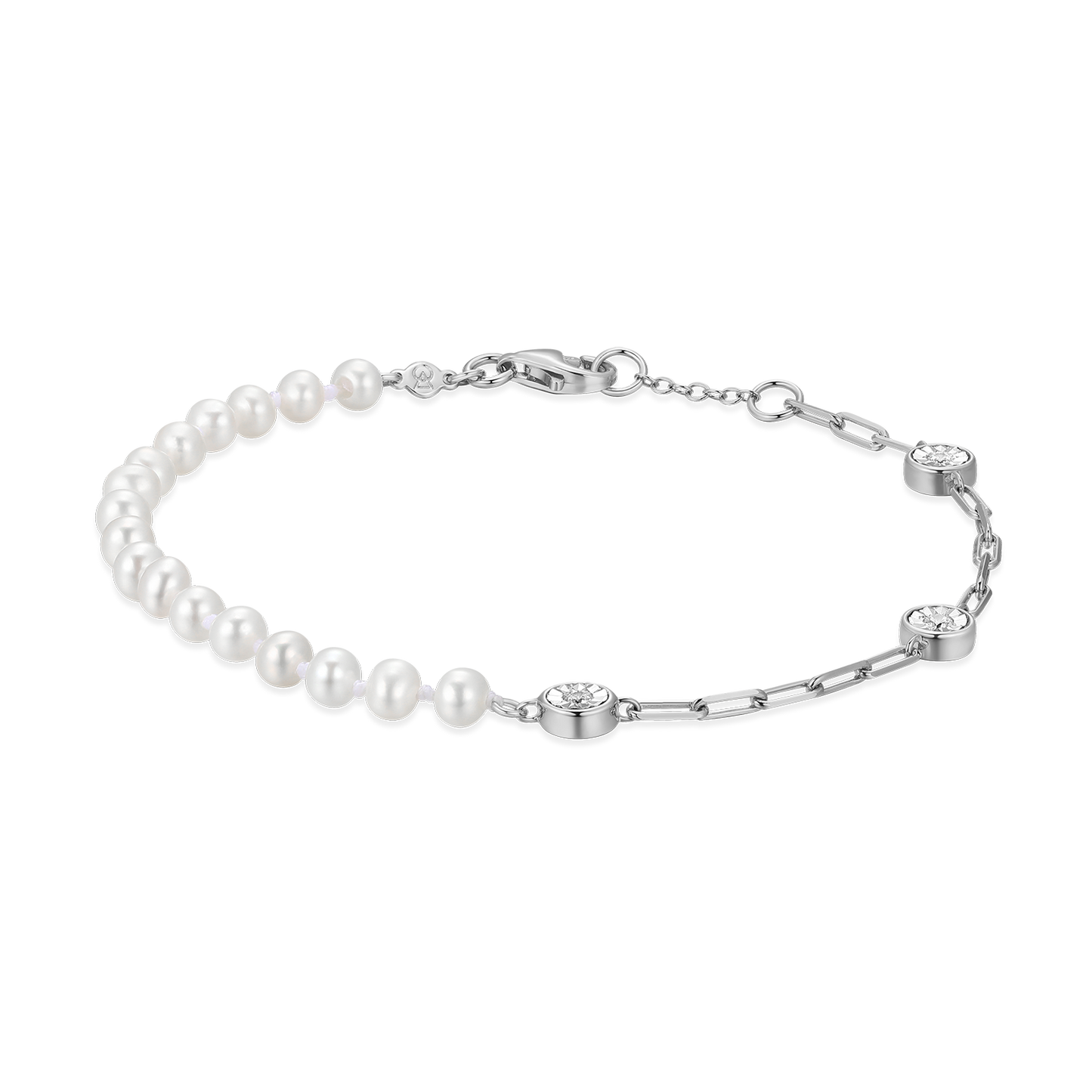 Freshwater Baby Pearl & Lab-Created Diamond Station Paperclip Bracelet in Rhodium-Plated Sterling Silver | M by Monte Luna