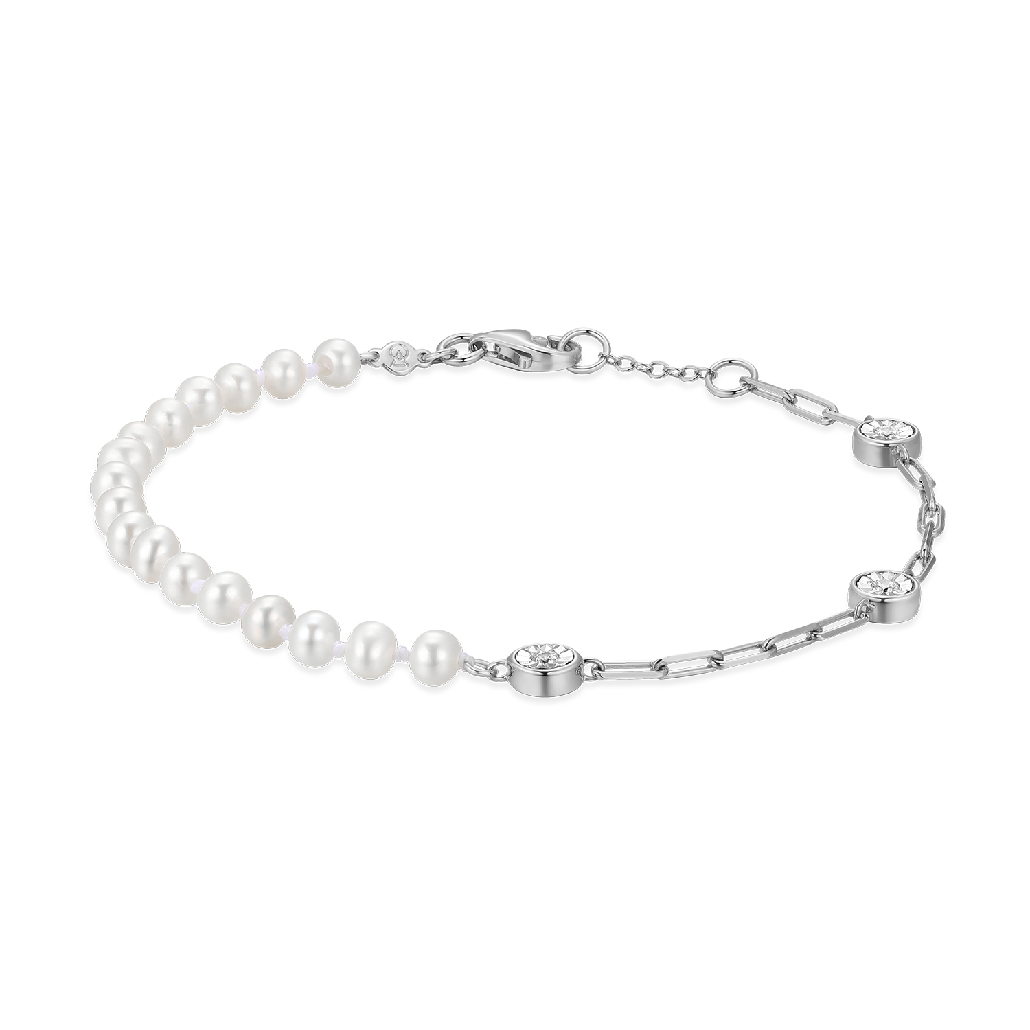 Freshwater Baby Pearl & Lab-Created Diamond Station Paperclip Bracelet in Rhodium-Plated Sterling Silver | M by Monte Luna