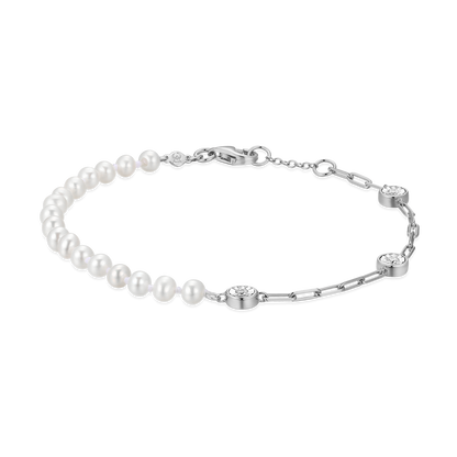 Freshwater Baby Pearl & Lab-Created Diamond Station Paperclip Bracelet in Rhodium-Plated Sterling Silver | M by Monte Luna