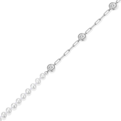 Freshwater Baby Pearl & Lab-Created Diamond Station Paperclip Bracelet in Rhodium-Plated Sterling Silver | M by Monte Luna