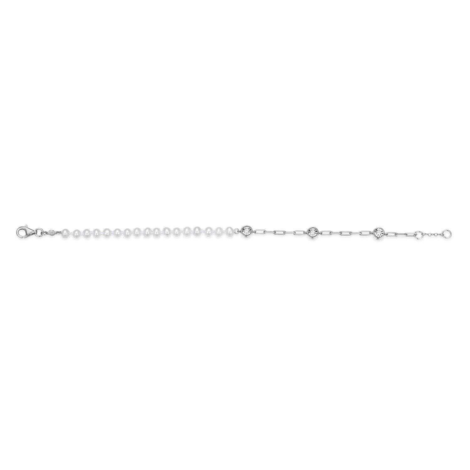 Freshwater Baby Pearl & Lab-Created Diamond Station Paperclip Bracelet in Rhodium-Plated Sterling Silver | M by Monte Luna