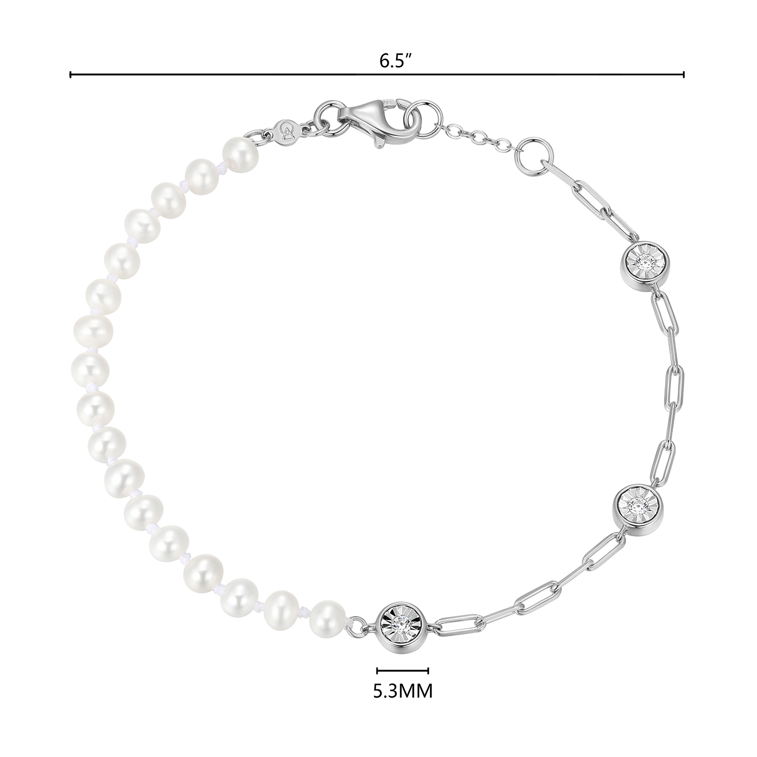 Freshwater Baby Pearl & Lab-Created Diamond Station Paperclip Bracelet in Rhodium-Plated Sterling Silver | M by Monte Luna