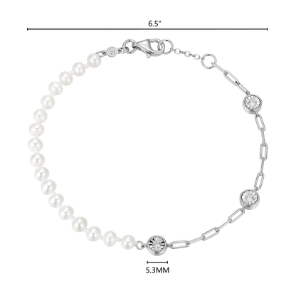 Freshwater Baby Pearl & Lab-Created Diamond Station Paperclip Bracelet in Rhodium-Plated Sterling Silver | M by Monte Luna