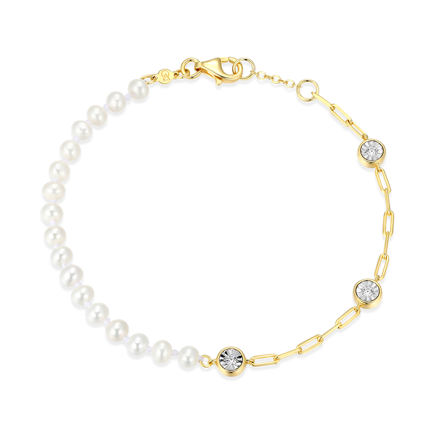 Freshwater Baby Pearl & Lab-Created Diamond Station Paperclip Bracelet in 14K Yellow Gold-Plated Sterling Silver | M by Monte Luna