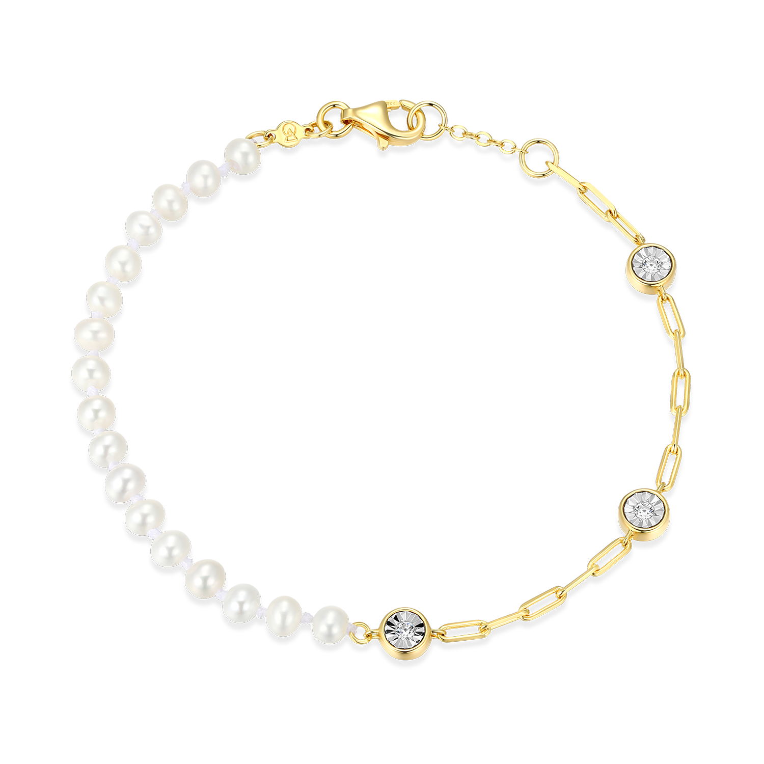 Freshwater Baby Pearl & Lab-Created Diamond Station Paperclip Bracelet in 14K Yellow Gold-Plated Sterling Silver | M by Monte Luna