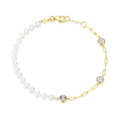 Freshwater Baby Pearl & Lab-Created Diamond Station Paperclip Bracelet in 14K Yellow Gold-Plated Sterling Silver | M by Monte Luna