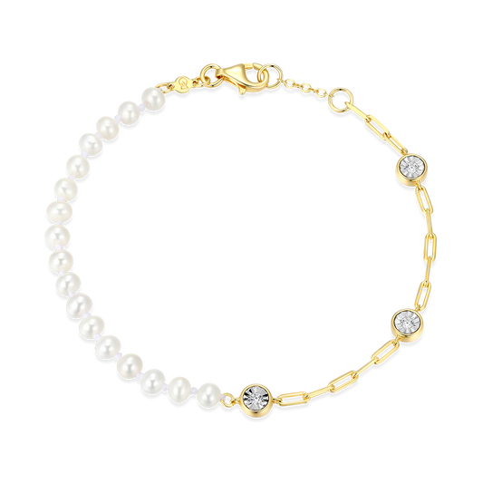 Freshwater Baby Pearl & Lab-Created Diamond Station Paperclip Bracelet in 14K Yellow Gold-Plated Sterling Silver | M by Monte Luna