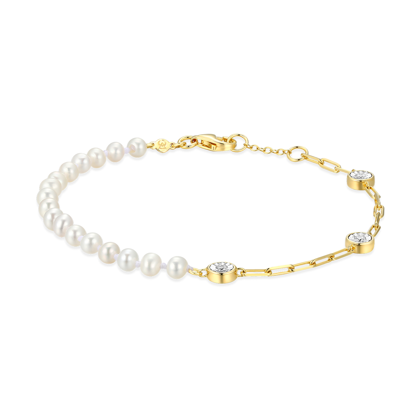 Freshwater Baby Pearl & Lab-Created Diamond Station Paperclip Bracelet in 14K Yellow Gold-Plated Sterling Silver | M by Monte Luna