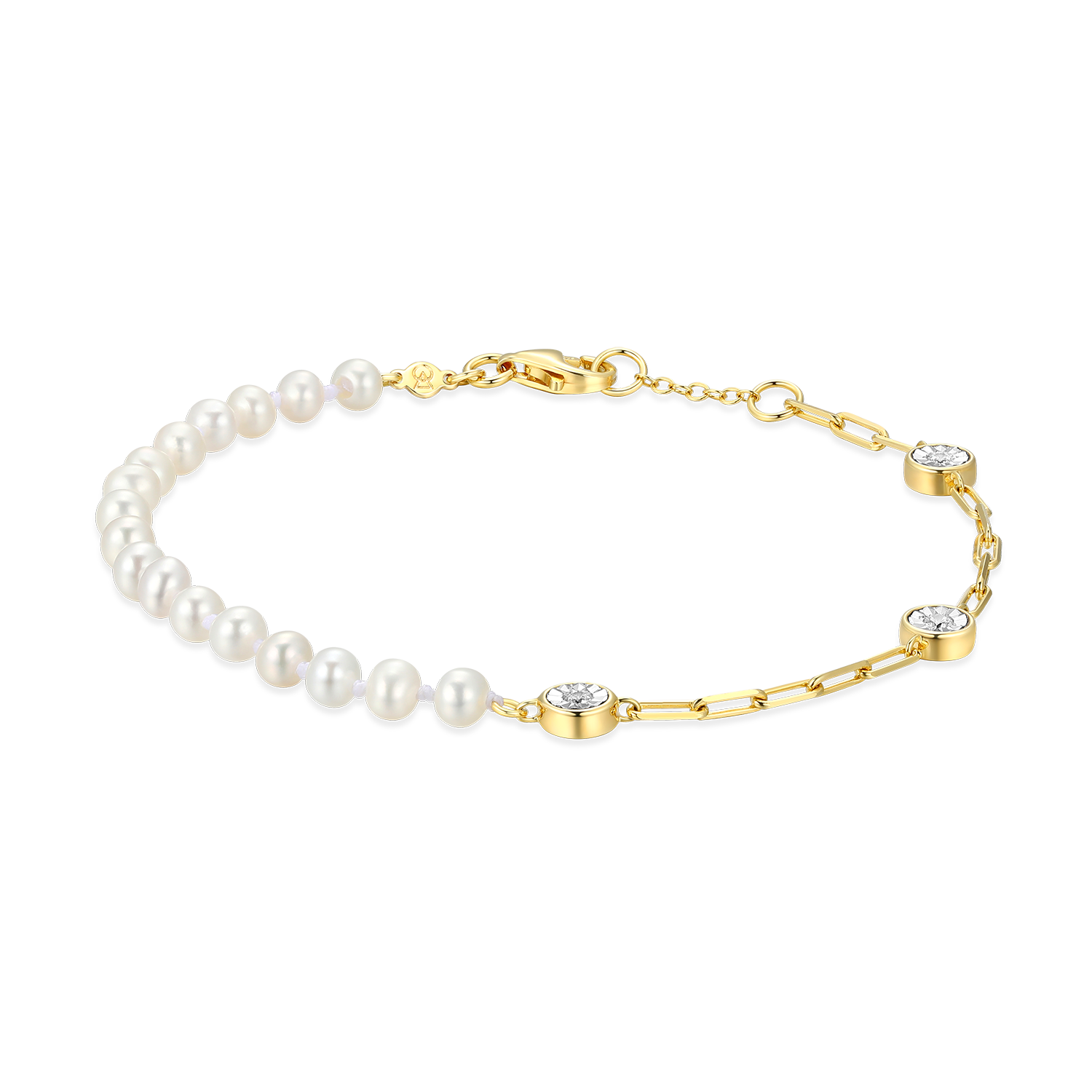 Freshwater Baby Pearl & Lab-Created Diamond Station Paperclip Bracelet in 14K Yellow Gold-Plated Sterling Silver | M by Monte Luna