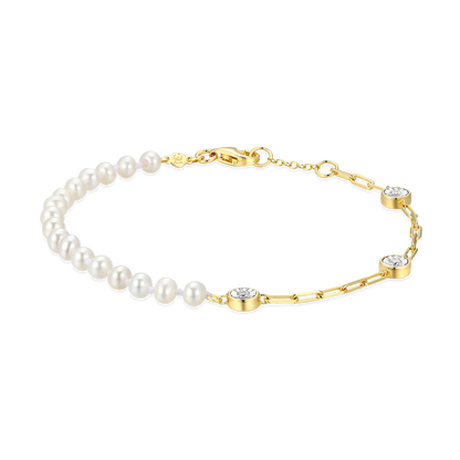 Freshwater Baby Pearl & Lab-Created Diamond Station Paperclip Bracelet in 14K Yellow Gold-Plated Sterling Silver | M by Monte Luna