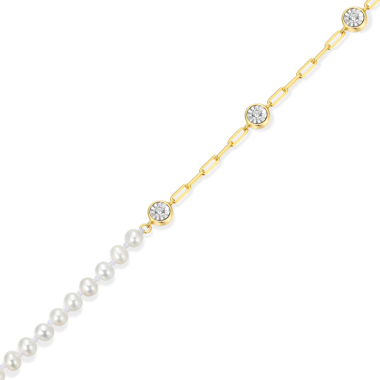Freshwater Baby Pearl & Lab-Created Diamond Station Paperclip Bracelet in 14K Yellow Gold-Plated Sterling Silver | M by Monte Luna