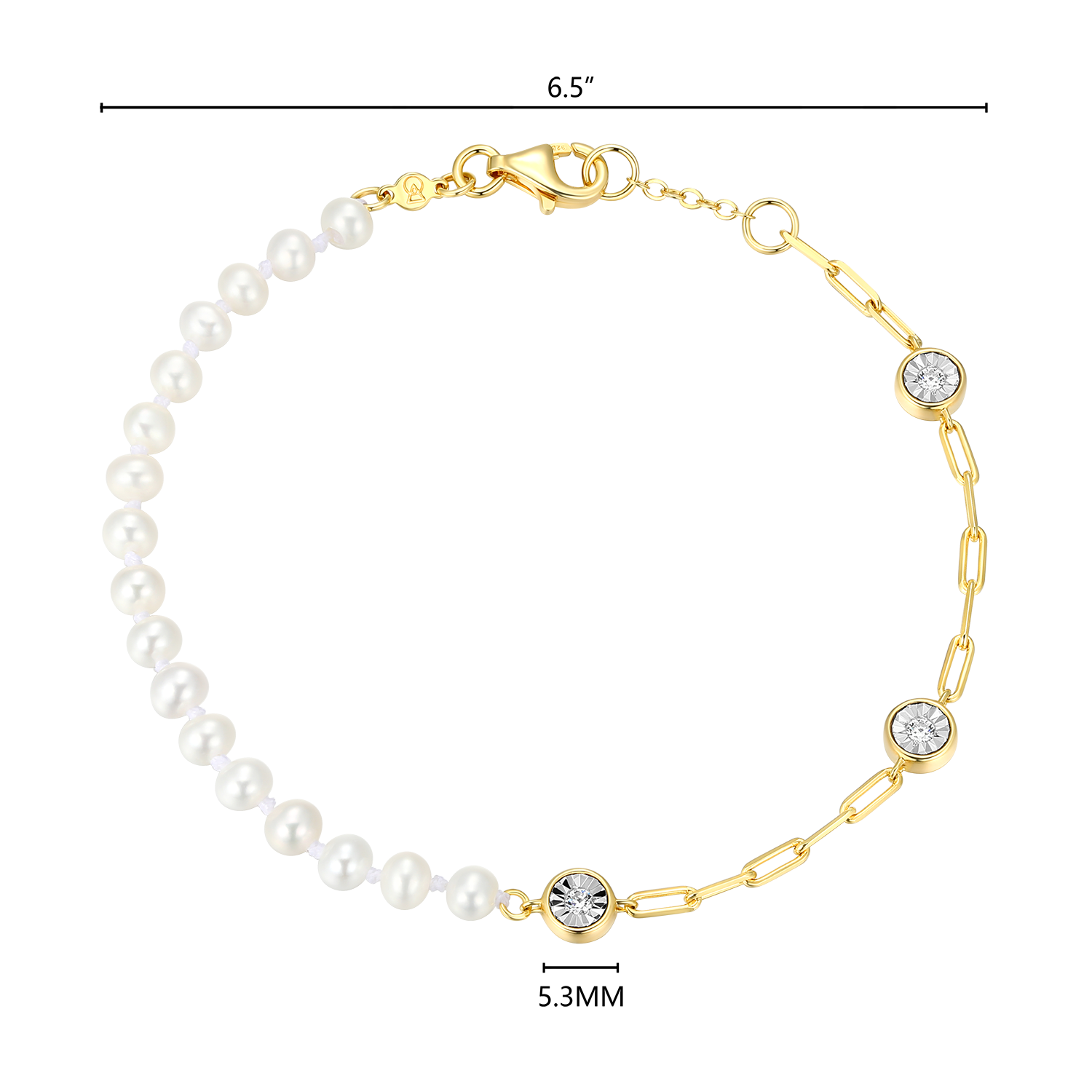 Freshwater Baby Pearl & Lab-Created Diamond Station Paperclip Bracelet in 14K Yellow Gold-Plated Sterling Silver | M by Monte Luna