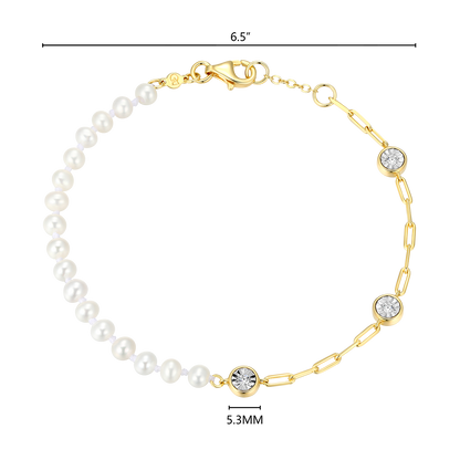 Freshwater Baby Pearl & Lab-Created Diamond Station Paperclip Bracelet in 14K Yellow Gold-Plated Sterling Silver | M by Monte Luna