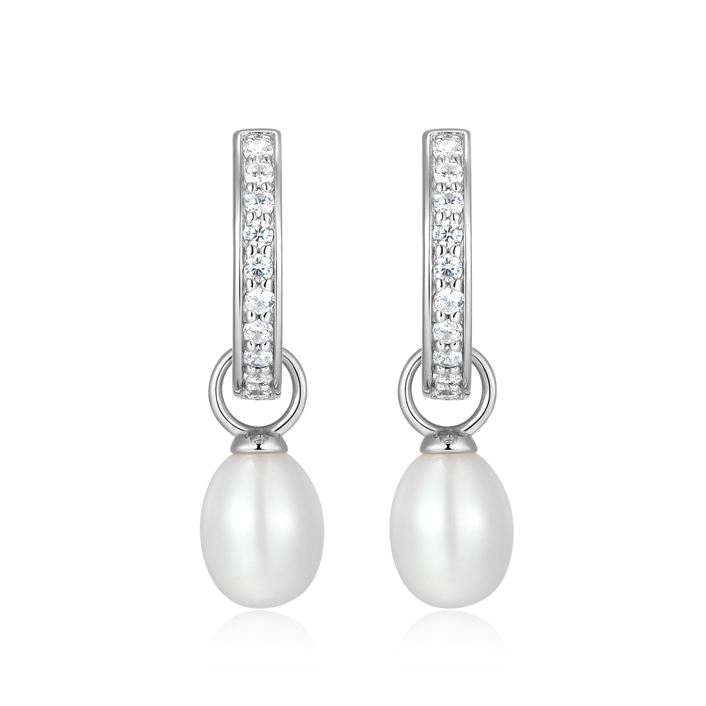 Freshwater Pearl & Lab-Created Diamond Huggie Earrings in Rhodium-Plated Sterling Silver | M by Monte Luna