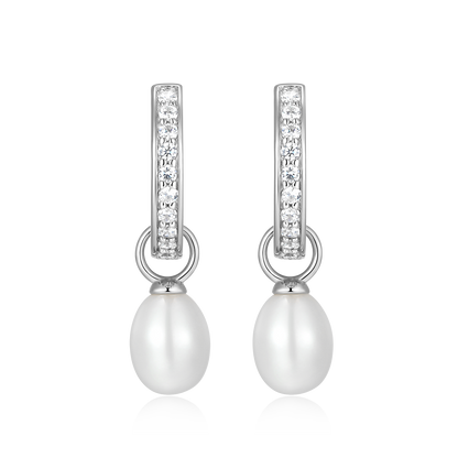 Freshwater Pearl & Lab-Created Diamond Huggie Earrings in Rhodium-Plated Sterling Silver | M by Monte Luna