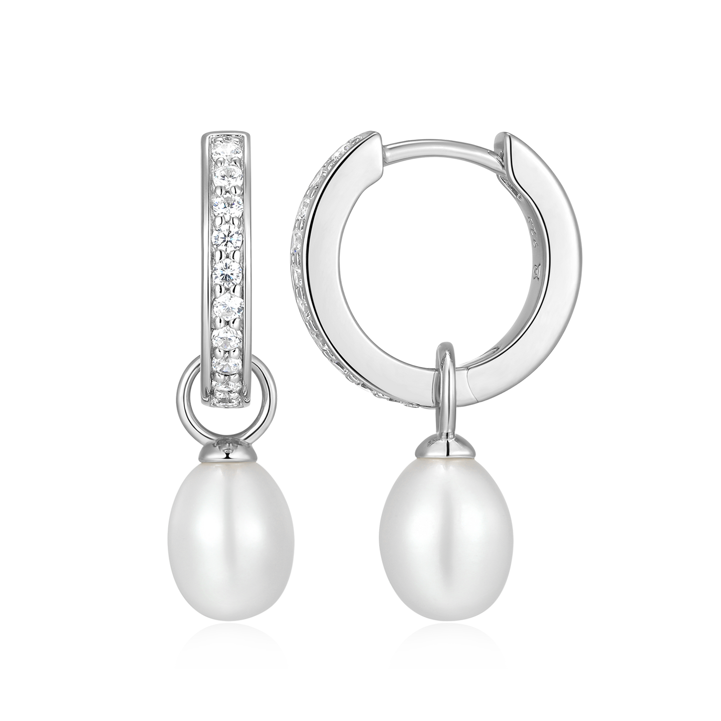 Freshwater Pearl & Lab-Created Diamond Huggie Earrings in Rhodium-Plated Sterling Silver | M by Monte Luna