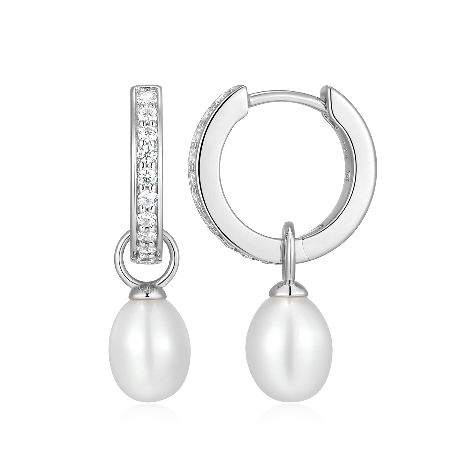 Freshwater Pearl & Lab-Created Diamond Huggie Earrings in Rhodium-Plated Sterling Silver | M by Monte Luna