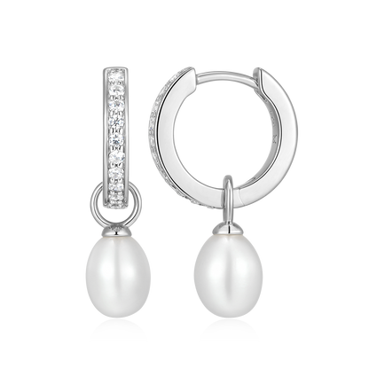 Freshwater Pearl & Lab-Created Diamond Huggie Earrings in Rhodium-Plated Sterling Silver | M by Monte Luna