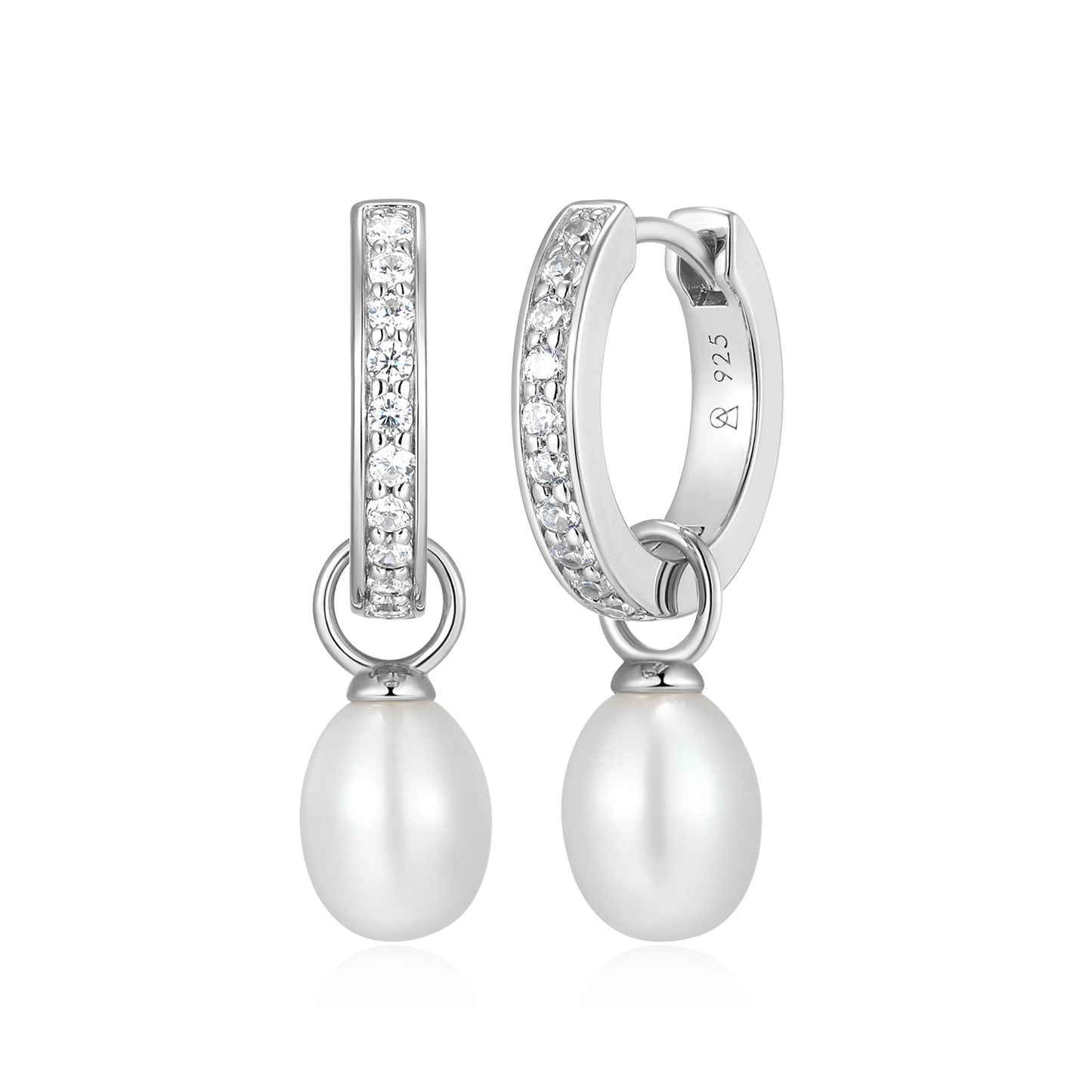 Freshwater Pearl & Lab-Created Diamond Huggie Earrings in Rhodium-Plated Sterling Silver | M by Monte Luna