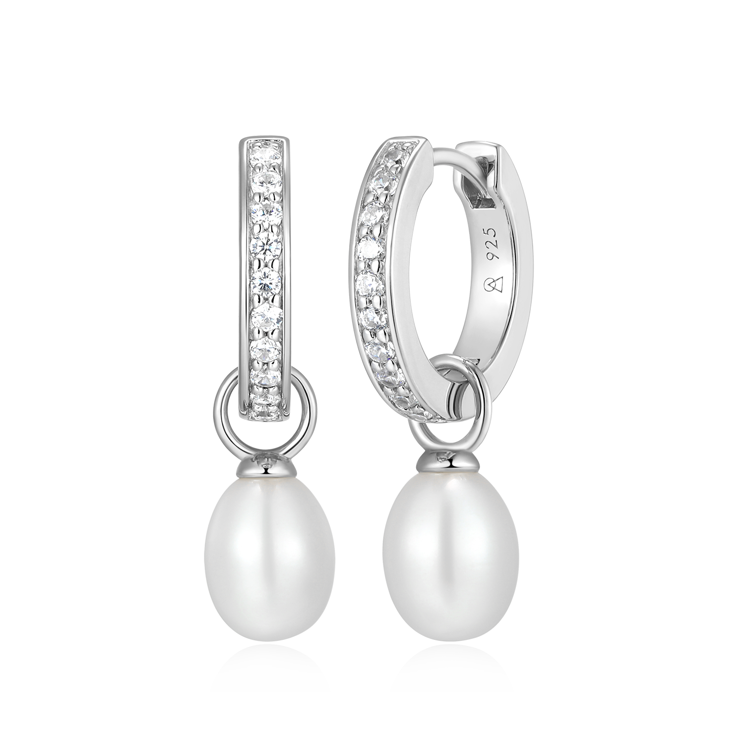 Freshwater Pearl & Lab-Created Diamond Huggie Earrings in Rhodium-Plated Sterling Silver | M by Monte Luna