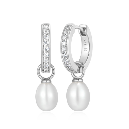 Freshwater Pearl & Lab-Created Diamond Huggie Earrings in Rhodium-Plated Sterling Silver | M by Monte Luna