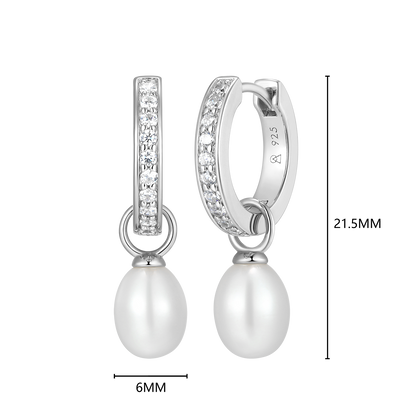 Freshwater Pearl & Lab-Created Diamond Huggie Earrings in Rhodium-Plated Sterling Silver | M by Monte Luna