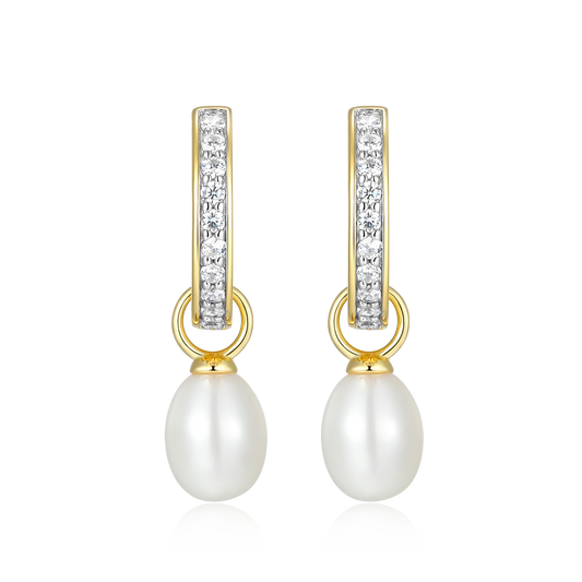 Freshwater Pearl & Lab-Created Diamond Huggie Earrings in 14K Yellow Gold-Plated Sterling Silver | M by Monte Luna