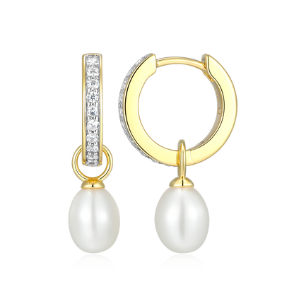 Freshwater Pearl & Lab-Created Diamond Huggie Earrings in 14K Yellow Gold-Plated Sterling Silver | M by Monte Luna