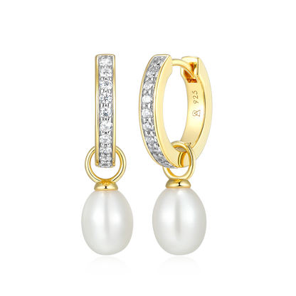 Freshwater Pearl & Lab-Created Diamond Huggie Earrings in 14K Yellow Gold-Plated Sterling Silver | M by Monte Luna