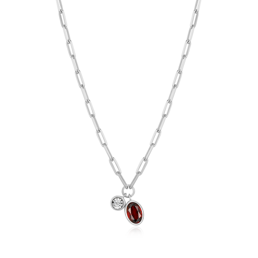 January Birthstone Genuine Garnet & Lab-Created Diamond Mini Paperclip Necklace in Rhodium-Plated Sterling Silver | M by Monte Luna