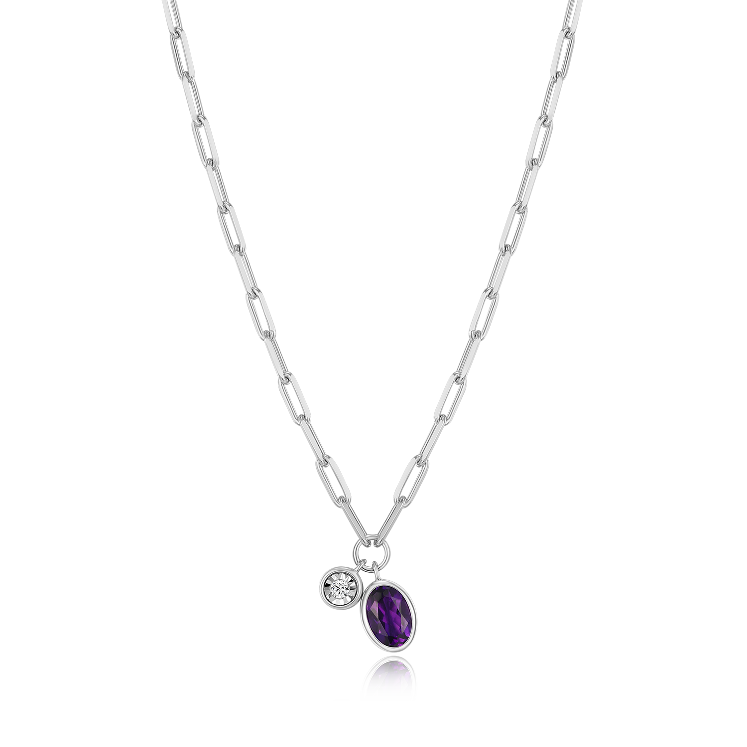 February Birthstone Genuine Amethyst & Lab-Created Diamond Mini Paperclip Necklace in Rhodium-Plated Sterling Silver | M by Monte Luna