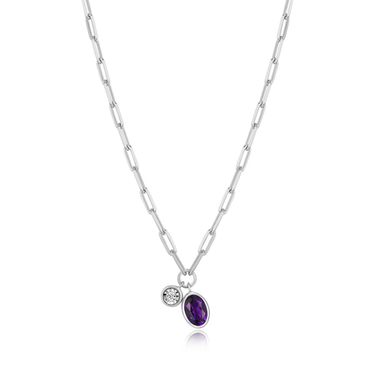 February Birthstone Genuine Amethyst & Lab-Created Diamond Mini Paperclip Necklace in Rhodium-Plated Sterling Silver | M by Monte Luna