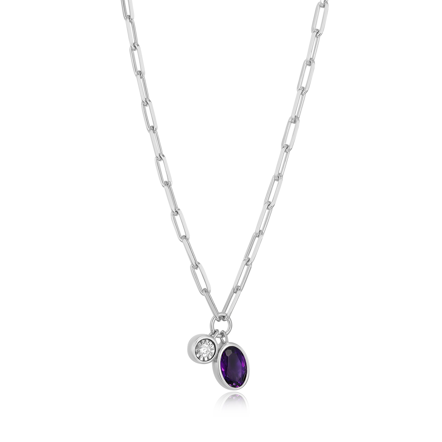 February Birthstone Genuine Amethyst & Lab-Created Diamond Mini Paperclip Necklace in Rhodium-Plated Sterling Silver | M by Monte Luna