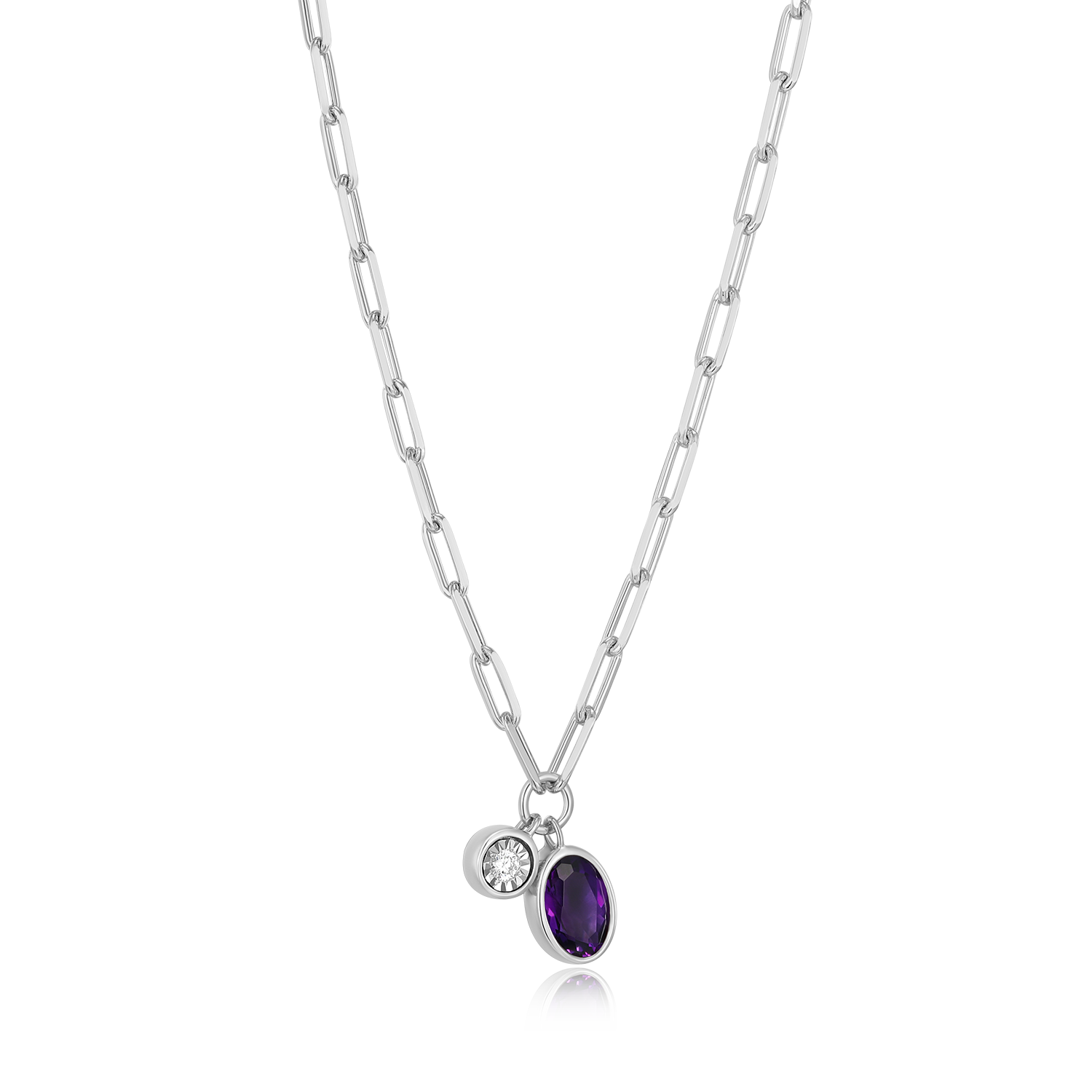 February Birthstone Genuine Amethyst & Lab-Created Diamond Mini Paperclip Necklace in Rhodium-Plated Sterling Silver | M by Monte Luna