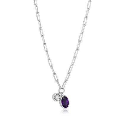 February Birthstone Genuine Amethyst & Lab-Created Diamond Mini Paperclip Necklace in Rhodium-Plated Sterling Silver | M by Monte Luna