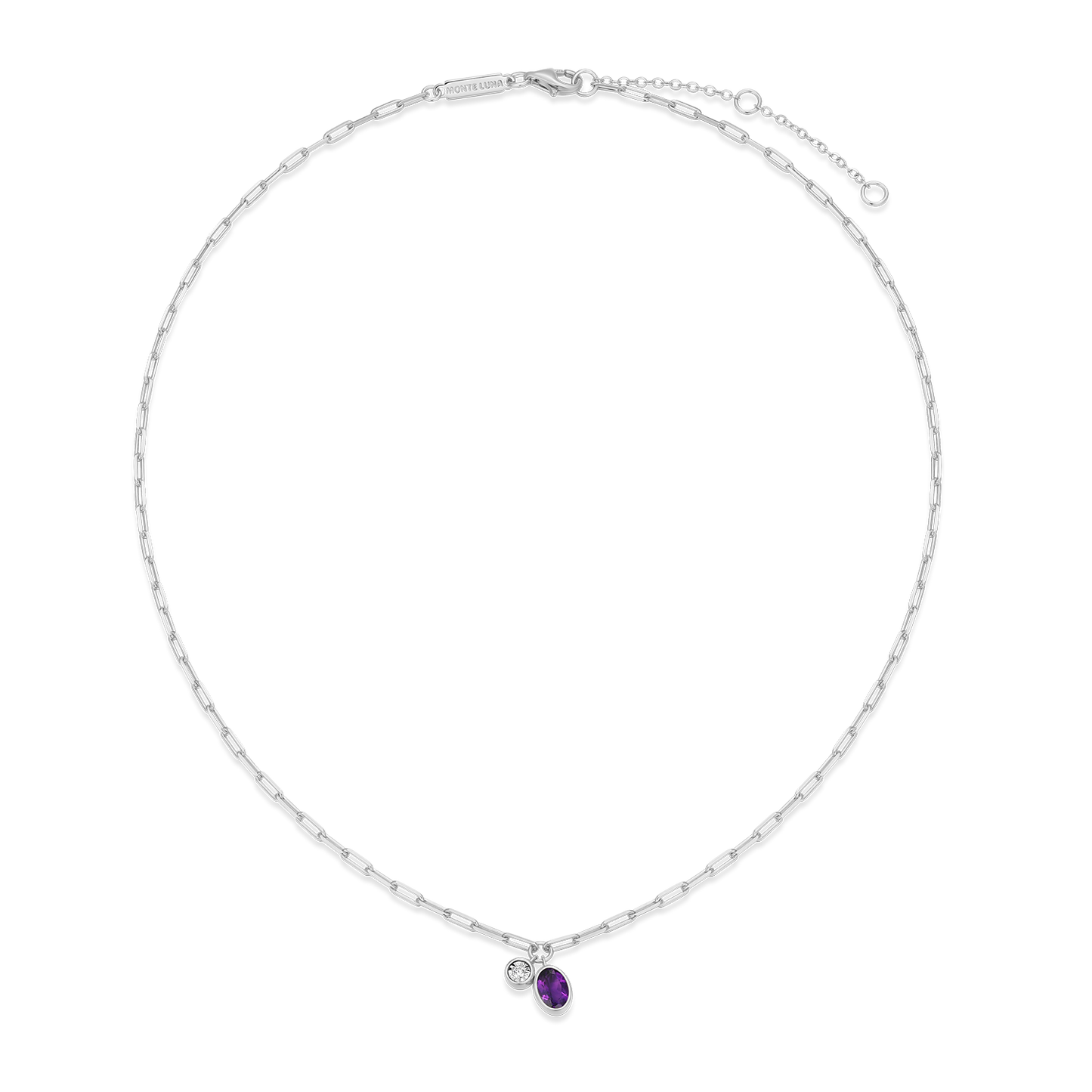 February Birthstone Genuine Amethyst & Lab-Created Diamond Mini Paperclip Necklace in Rhodium-Plated Sterling Silver | M by Monte Luna