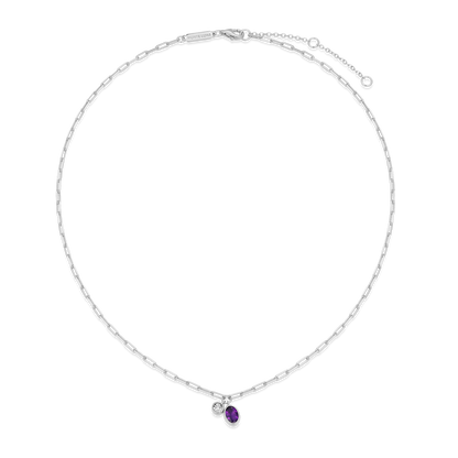 February Birthstone Genuine Amethyst & Lab-Created Diamond Mini Paperclip Necklace in Rhodium-Plated Sterling Silver | M by Monte Luna