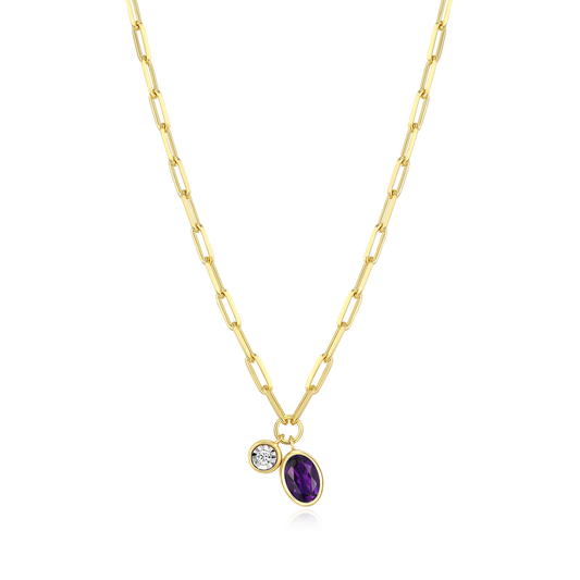 February Birthstone Genuine Amethyst & Lab-Created Diamond Mini Paperclip Necklace in 14K Yellow Gold-Plated Sterling Silver | M by Monte Luna