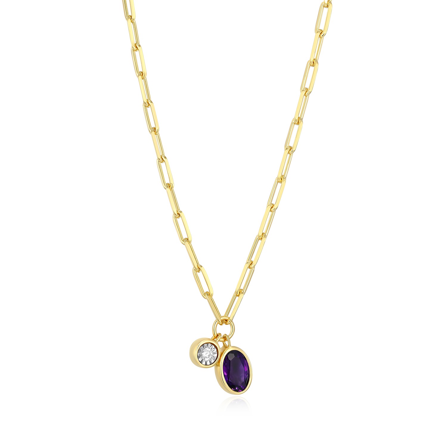 February Birthstone Genuine Amethyst & Lab-Created Diamond Mini Paperclip Necklace in 14K Yellow Gold-Plated Sterling Silver | M by Monte Luna
