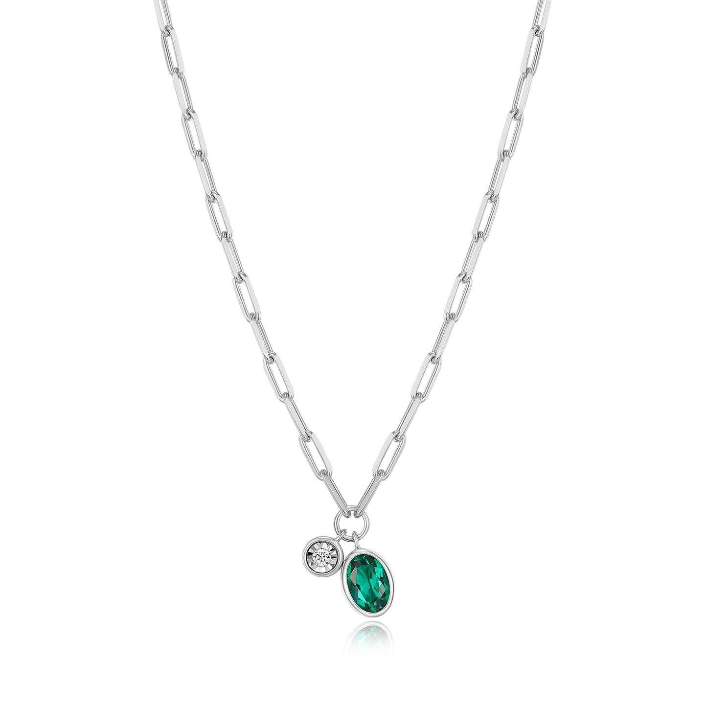 May Birthstone Lab-Created Emerald & Lab-Created Diamond Mini Paperclip Necklace in Rhodium-Plated Sterling Silver | M by Monte Luna