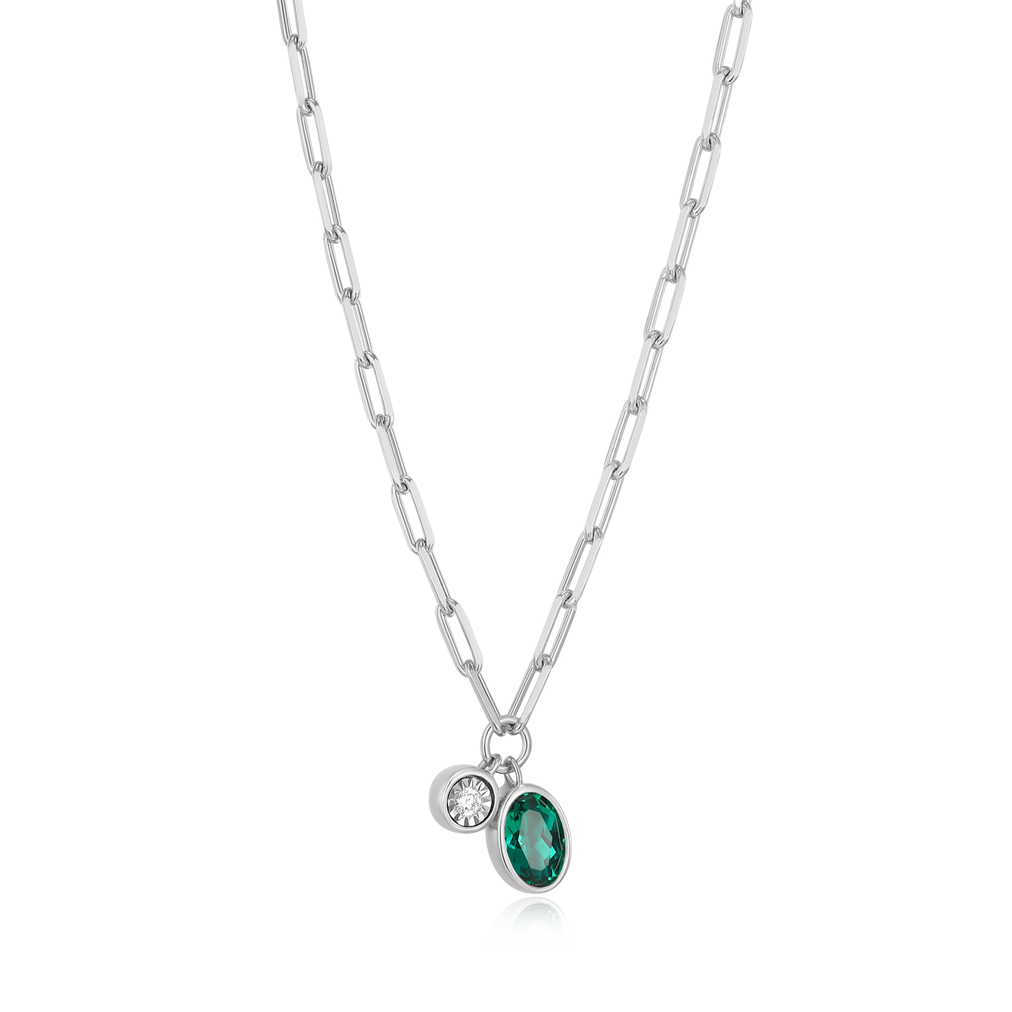 May Birthstone Lab-Created Emerald & Lab-Created Diamond Mini Paperclip Necklace in Rhodium-Plated Sterling Silver | M by Monte Luna