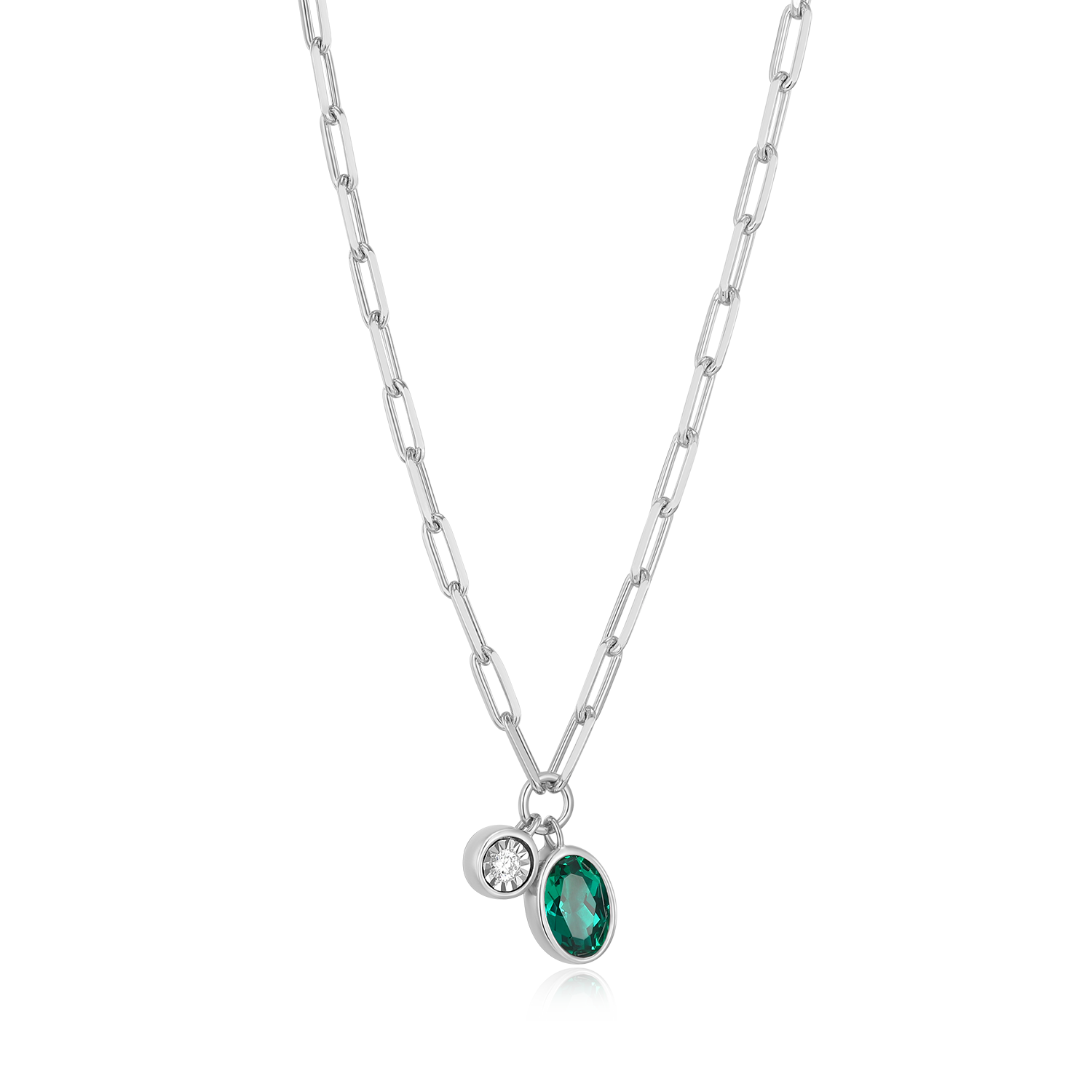 May Birthstone Lab-Created Emerald & Lab-Created Diamond Mini Paperclip Necklace in Rhodium-Plated Sterling Silver | M by Monte Luna