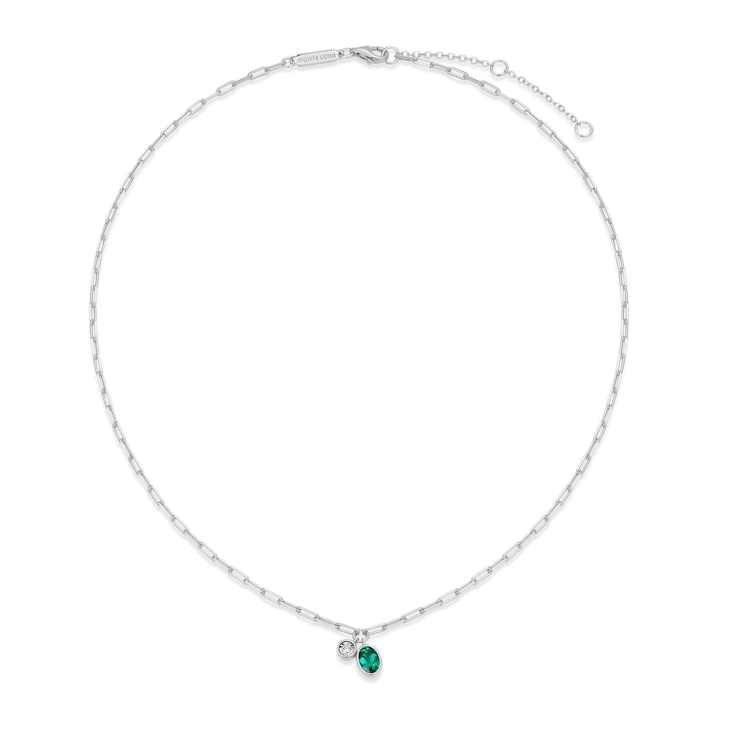 May Birthstone Lab-Created Emerald & Lab-Created Diamond Mini Paperclip Necklace in Rhodium-Plated Sterling Silver | M by Monte Luna