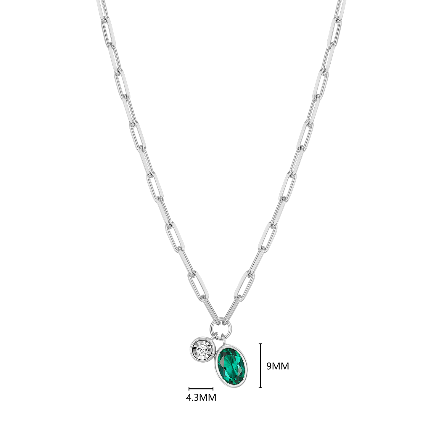 May Birthstone Lab-Created Emerald & Lab-Created Diamond Mini Paperclip Necklace in Rhodium-Plated Sterling Silver | M by Monte Luna