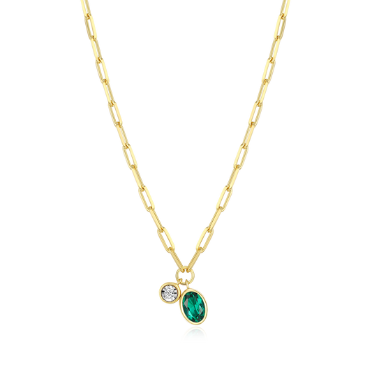 May Birthstone Lab-Created Emerald & Lab-Created Diamond Mini Paperclip Necklace in 14K Yellow Gold-Plated Sterling Silver | M by Monte Luna