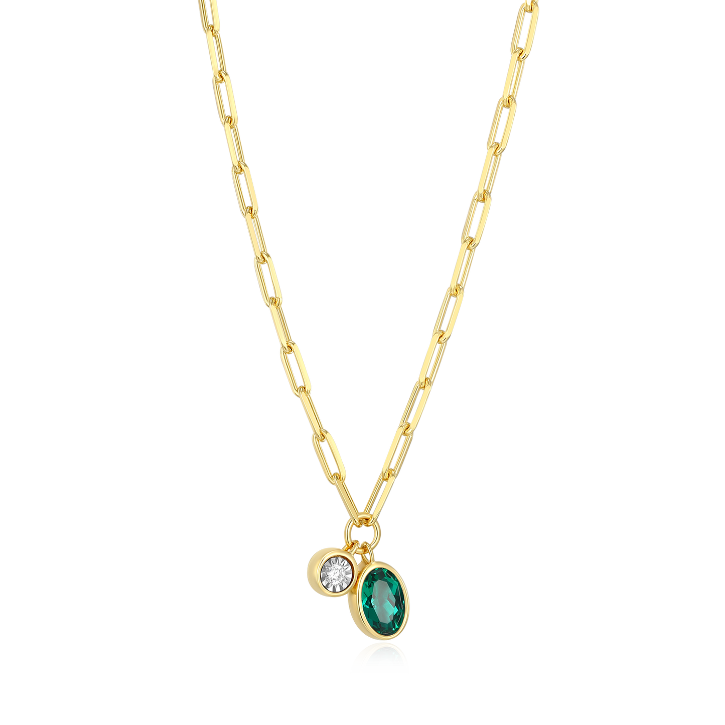 May Birthstone Lab-Created Emerald & Lab-Created Diamond Mini Paperclip Necklace in 14K Yellow Gold-Plated Sterling Silver | M by Monte Luna