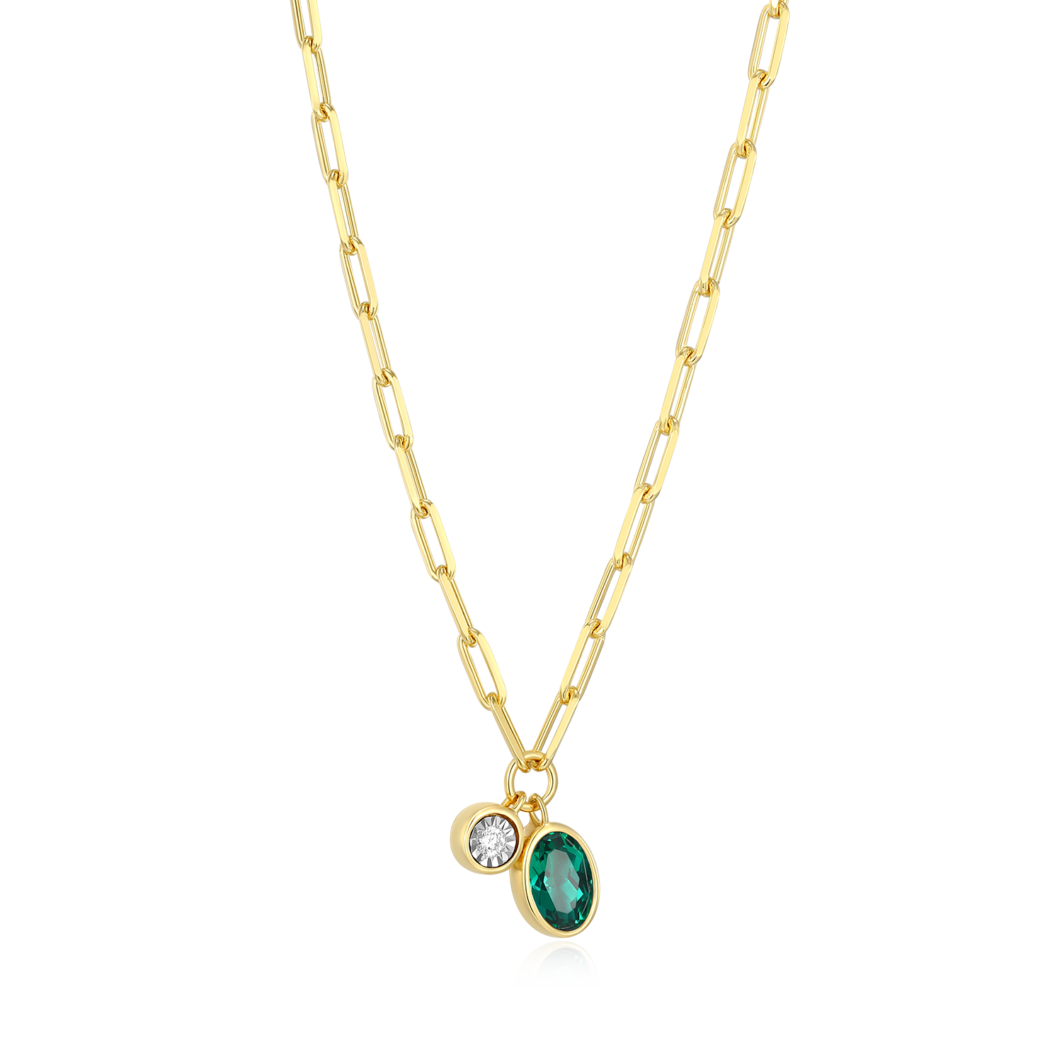 May Birthstone Lab-Created Emerald & Lab-Created Diamond Mini Paperclip Necklace in 14K Yellow Gold-Plated Sterling Silver | M by Monte Luna